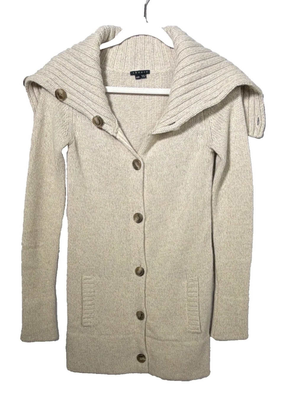 Theory Longline Button Front Cardigan Sweater Oversized Ribbed Collar PT Beige